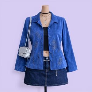 Vintage Great Cavalier Blue Suede Embroidered Jacket Small Retro Shoulder Pads